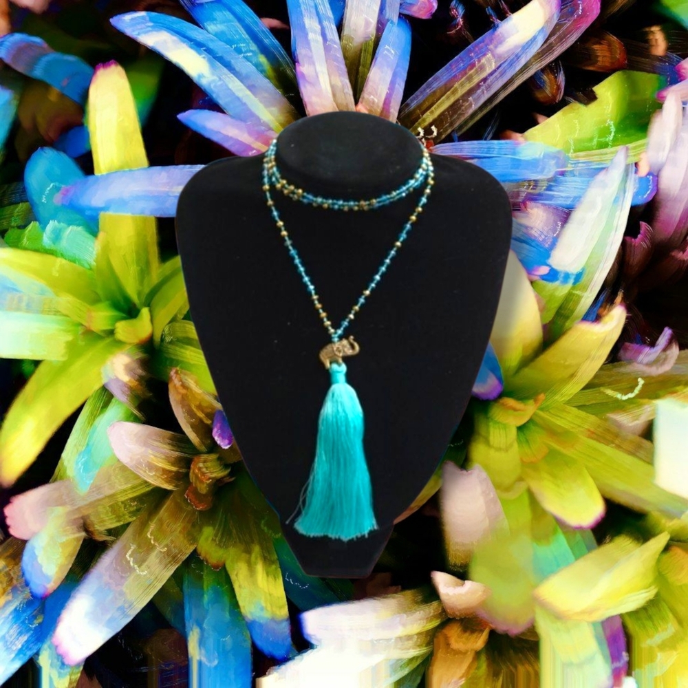 Zacasha | NWOT Long Boho Turquoise/Gold Elephant Beaded Tassel Necklace